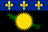 The flag of Guadeloupe has a black field with a 30-rayed yellow sun in front of a green sugarcane, as well as a blue stripe with three yellow fleurs-de-lis on the top.