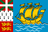 The flag of Saint Pierre and Miquelon features a yellow three-masted sailing ship facing the hoist side riding on a blue background with wavy white lines. A black-over-white wavy line divides the ship from the white wavy lines. On the hoist side, a vertical band is divided into three heraldic arms: the top is red with a green diagonal cross extending to the corners and overlaid with a white cross, the middle is white with an ermine pattern, and the bottom is red with two yellow lions outlined in black.