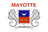 The flag of Mayotte bears a white field with the national coat of arms in the center and the country's name in red above it. The coat of arms consists of a shield supported by two seahorses and the national motto in a banner below it. The shield has a white fringe and bears a blue field with an upwards-facing white crescent on the top half and a red field with two yellow ylang-ylang flowers on the bottom half.